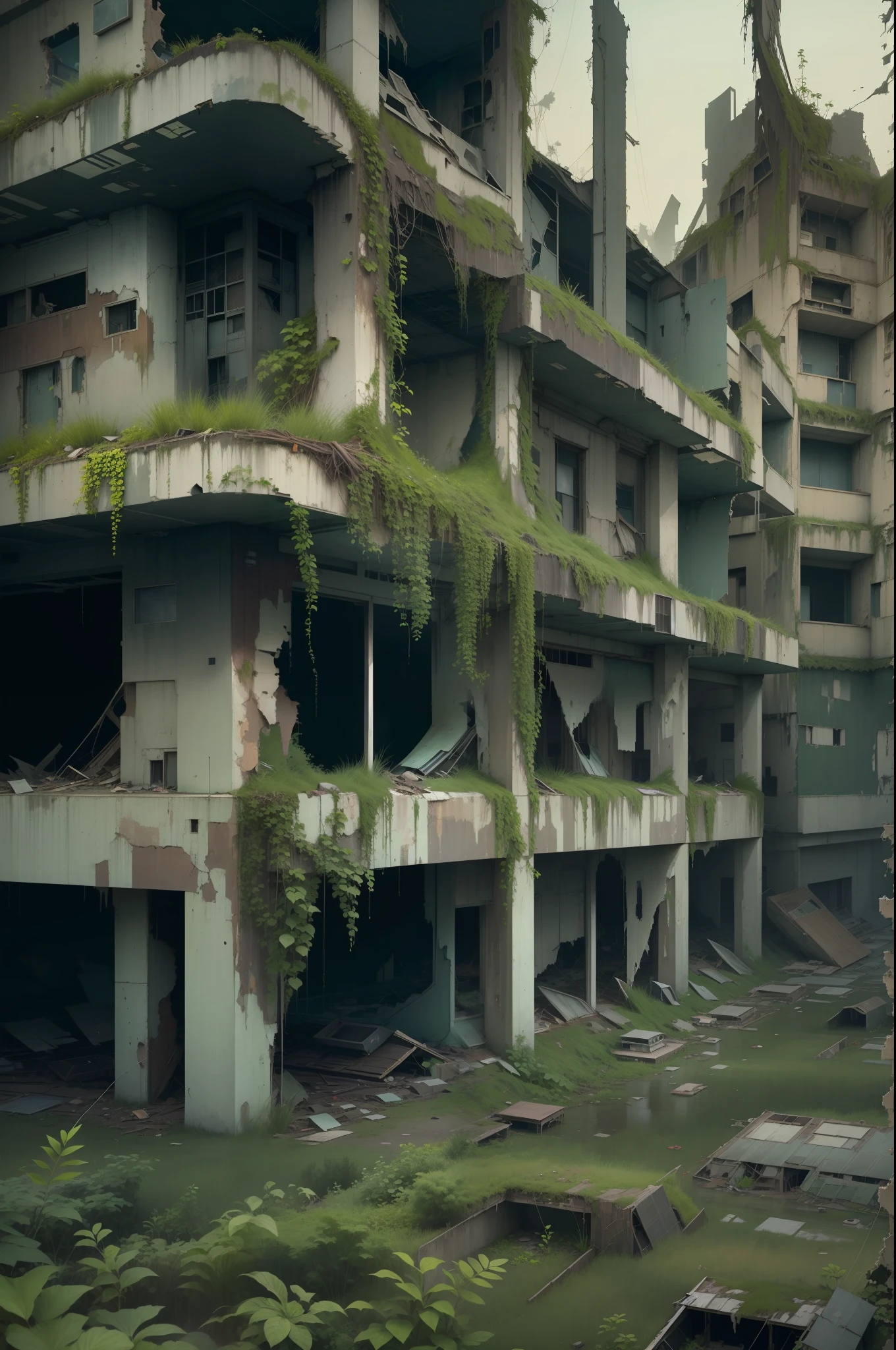 surreal architecture, surreal abandoned buildings, abandoned flying future city,decrepit，Broken，Armageddon，Dilapidated building，Buildings overgrown with plants，the night，Black sky