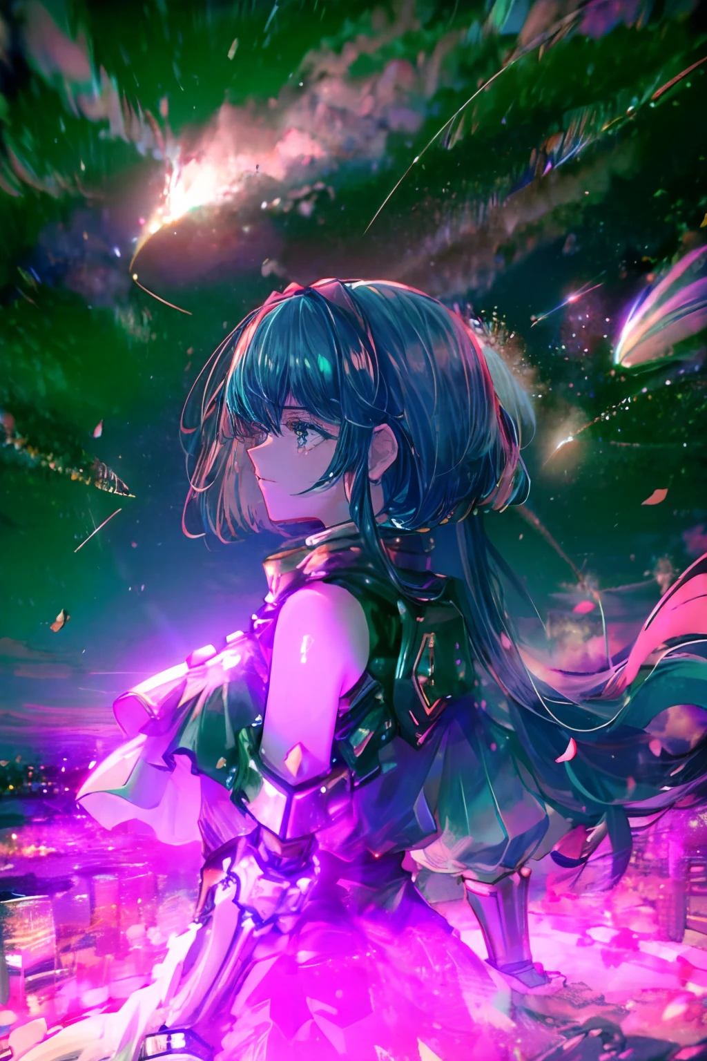 cyber punk Girl　Futuristic cities　Profile Girls 1 Girls、Girl from a distance、Wearing turquoise dress armor、Stargazing at the stars、(zoomout:1.1)、(Meteor swarm:1.2)、(comets:1.1)、low angles、from the rear、Aurora、shooting stars、Surrounded by petals、Standing in the field、top-quality、​masterpiece、​​clouds、colourfull、starrysky、stele、Teal