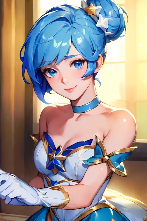 (Masterpiece:1.4), (best quality:1.2), star guardian orianna, blue hair, hair bun, ballerina, short dress, white gloves, smile, ...