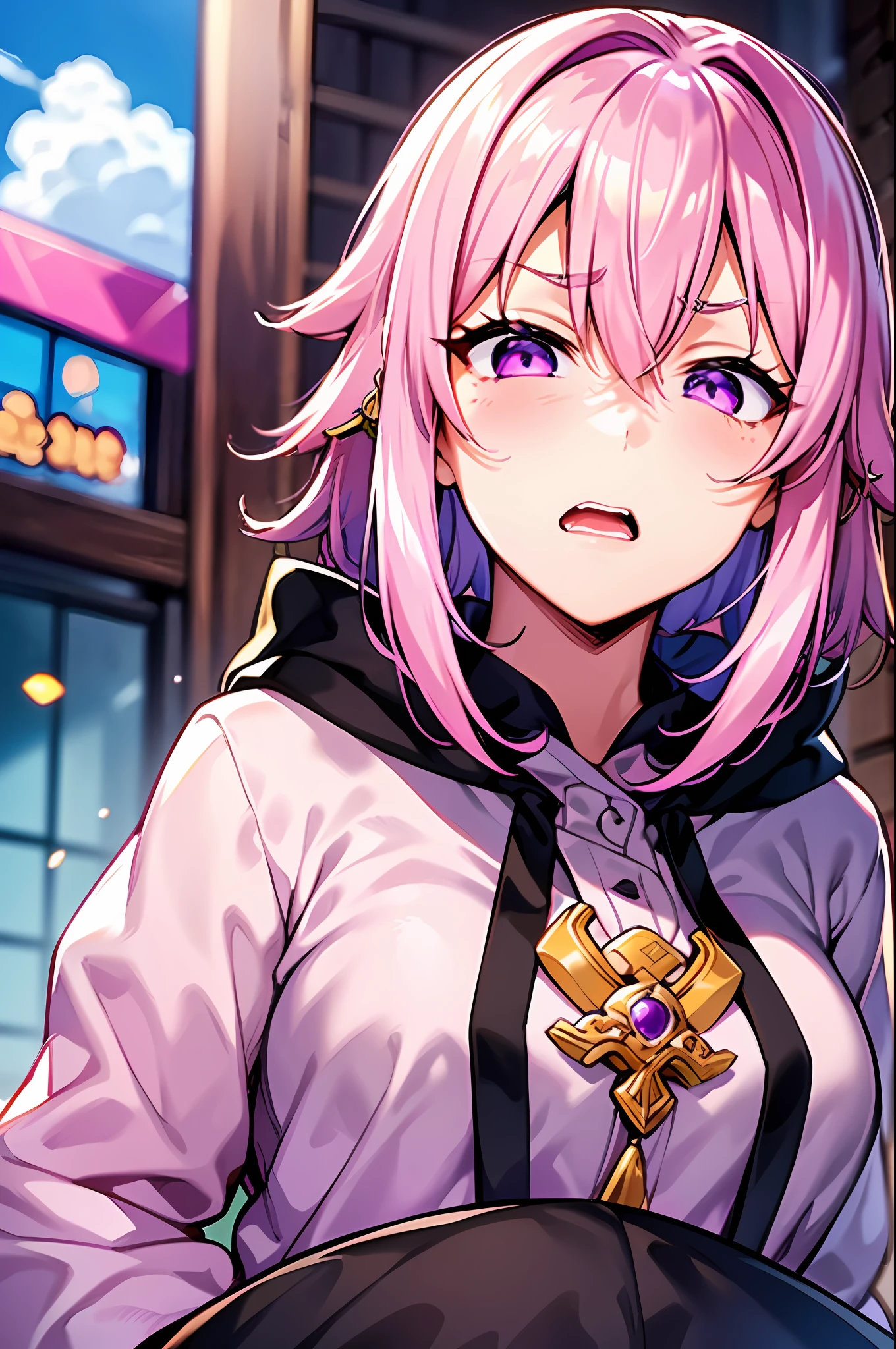 Yae miko cabello rosa y ojos morados en una sudadera con capucha negra, anime visual de una linda chica, captura de pantalla de la película de anime, & su expresión es solemne, cara de ahegao, en la película de anime, en un anime, visual anime de una mujer joven, ella tiene una linda cara expresiva, fotograma del anime, fondo morado