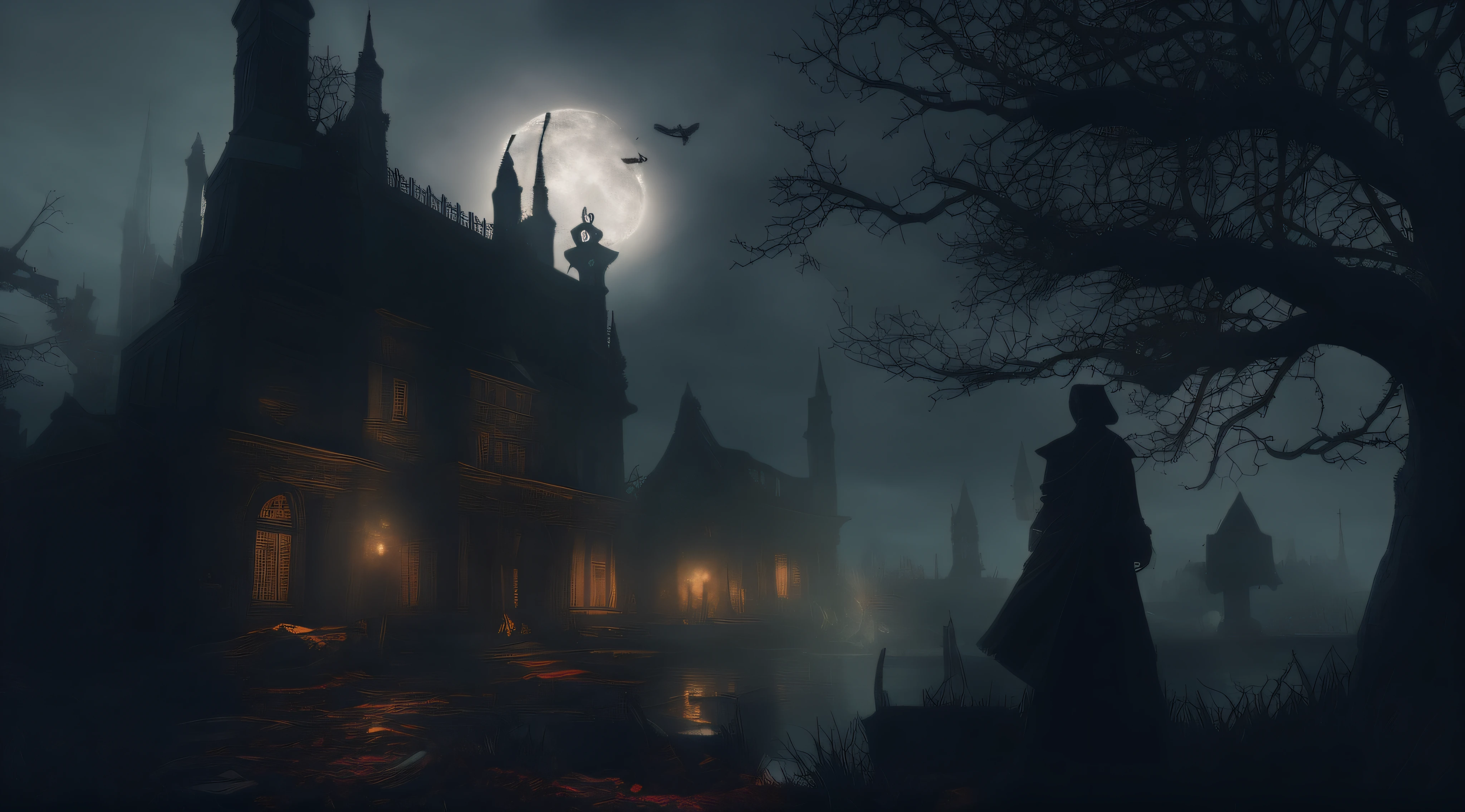 bloodborne style，Gothic horror art，Hunter characters，Nightmare cityscape，Eldridge Bio，Moonshine environment，Victorian fantasy，Dynamic perspective，over the shoulder view，Moonlight silhouette，Spooky landscape，low  angle shot，creepy atmosphera，closeup detailed，Nightmarish scene，chies
