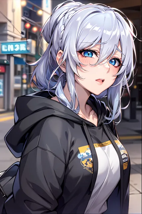 Silver hair and  eyes in a black hoodie, anime visual of a cute girl, screenshot from the anime film, & her expression is solemn...