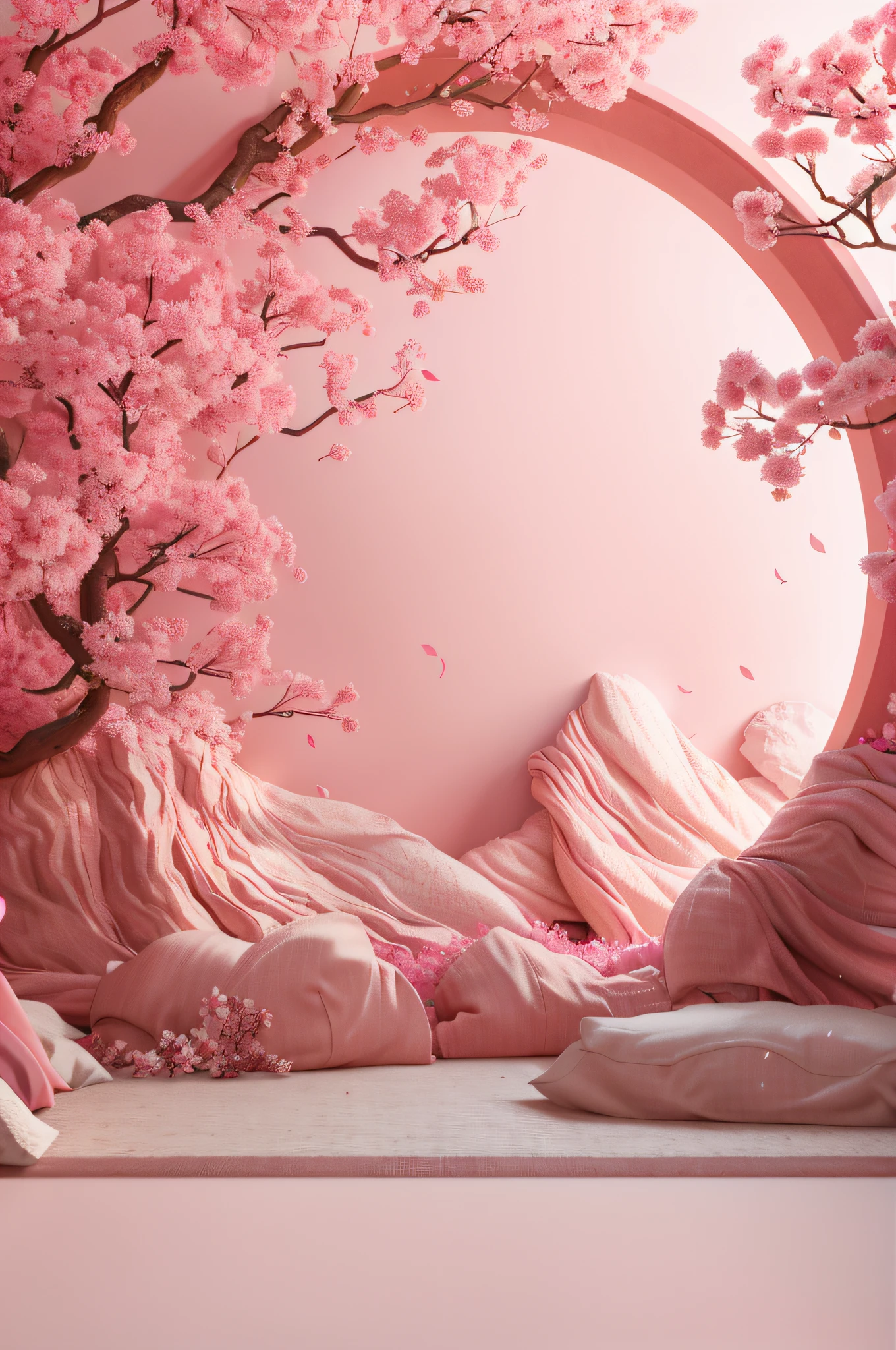 There is a pink tree in the pink room，pink flowers that, pink landscape, pink zen style, flowing sakura-colored silk, Cherry blossom forest, flowing sakura silk, Pink Forest, Lush cherry blossom trees, the cherry trees, lush sakura, sakura season, pink trees, japonisme 3 d 8 k ultra detailed, the walls are pink, Cherry blossom trees