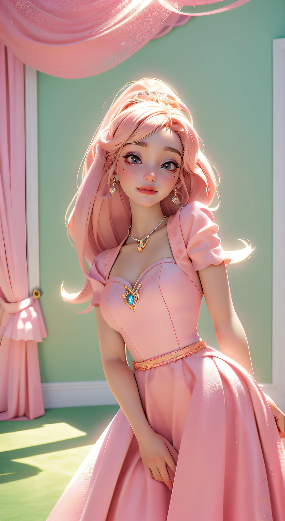 iluminação dinâmica, Arte modelo 3D, Uma princesa Barbie usando um lindo vestido rosa, brilhante,iluminação natural,luz da manhã，((design de interiores da Barbie)), emprestando elementos da grandeza cênica das paisagens da National Geographic, bela cena ganha vida, pelo talentoso Alec Soth, retina, anatomicamente correto, pele texturizada, premiado