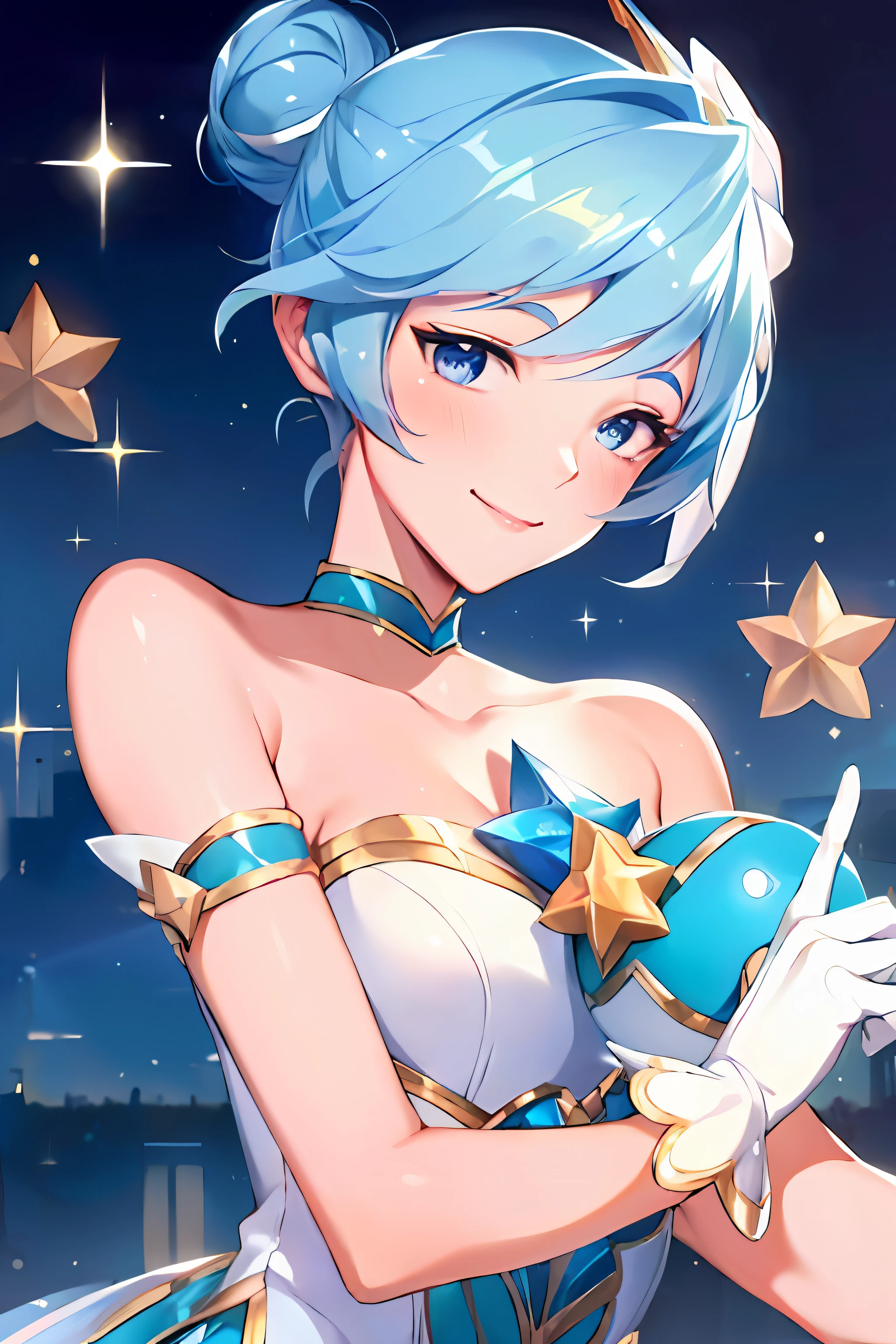 (Masterpiece:1.4), (best quality:1.2), star guardian orianna, blue hair, hair bun, ballerina, short dress, white gloves, smile, upper body, potrait