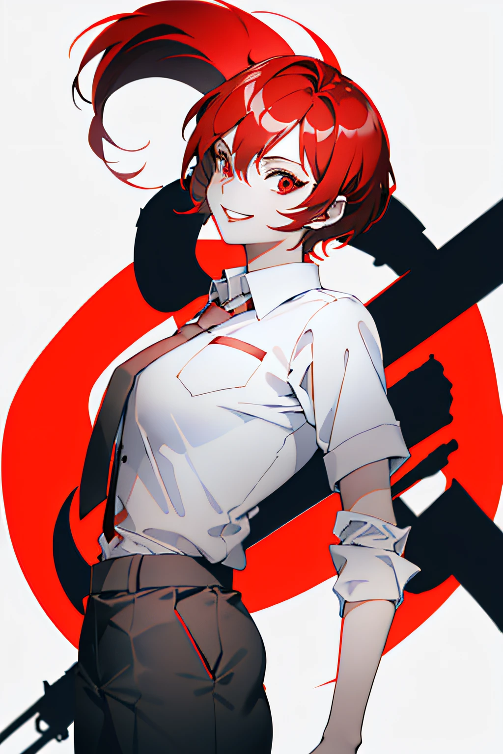 1girl with short red hair, red eyes, red lips and a tomboyish appearance, wearing a white shirt with a black blueish tie, paired with back bluish long pants. She has red devil horns and a crazy mad smile on her face, wielding an axe as her weapon.