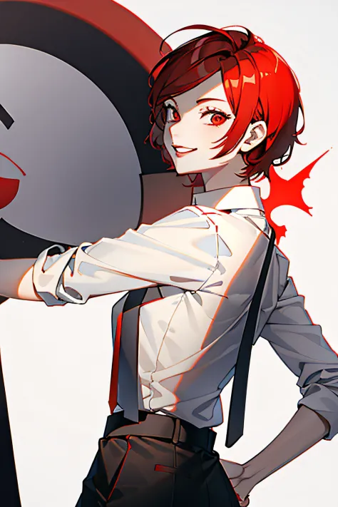 1girl with short red hair, red eyes, red lips and a tomboyish appearance, wearing a white shirt with a black blueish tie, paired...