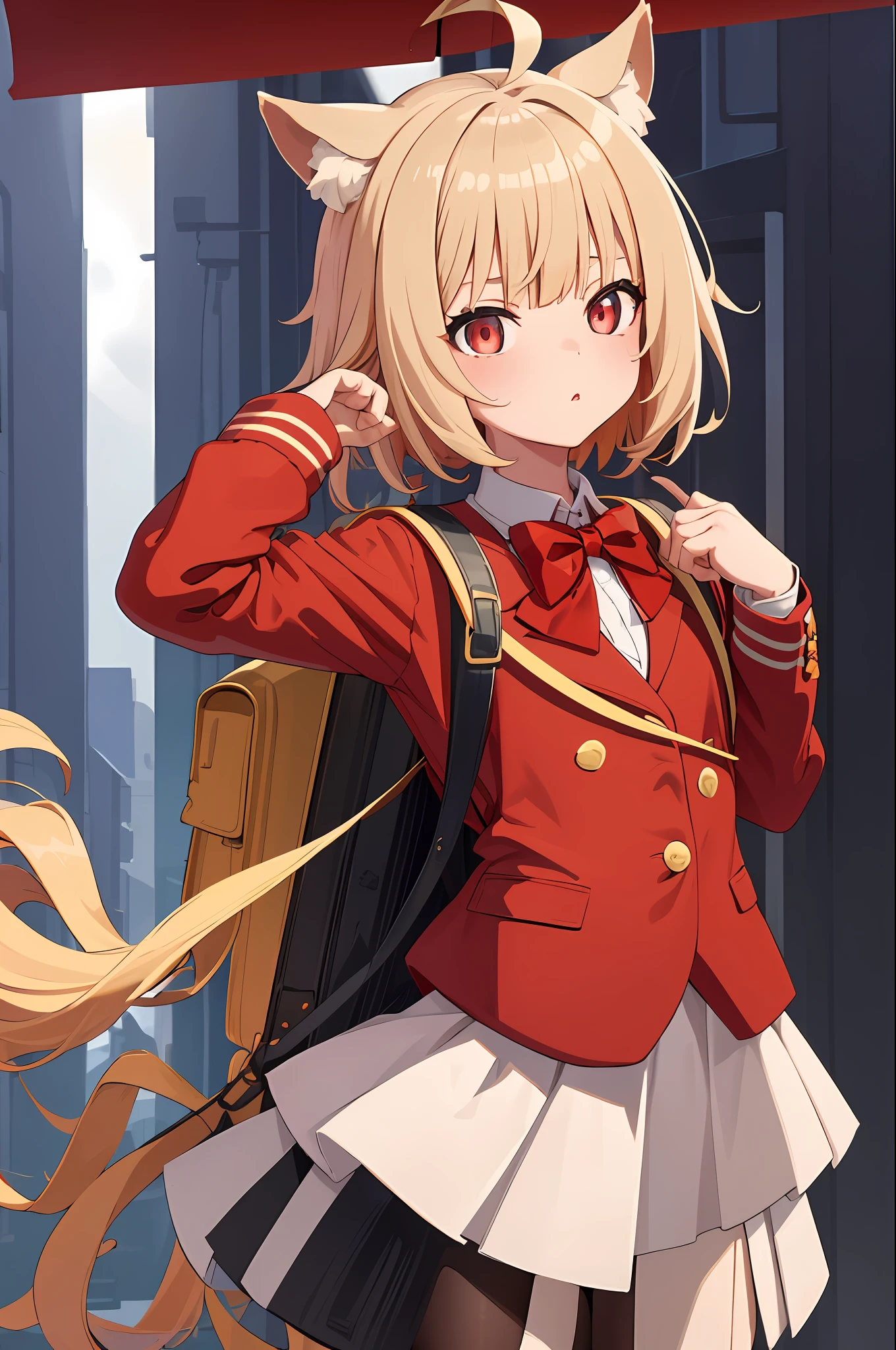 best quality, masterpiece,girl,1girl, ahoge, animal_ear_fluff, animal_ears, backpack, bag, long bangs, Short beige hair, crimson eyes, red blazer, blue bowtie