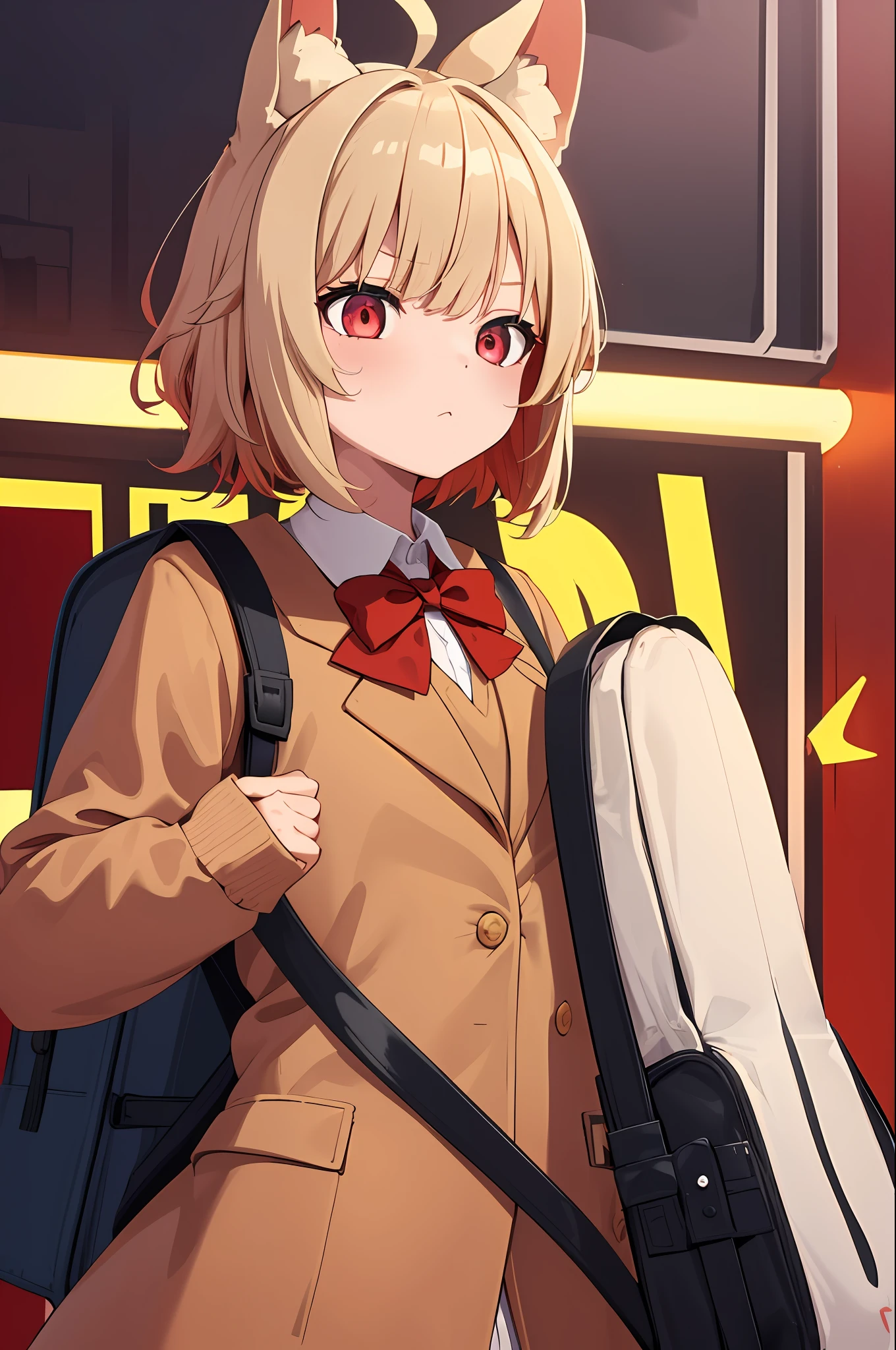 best quality, masterpiece,girl,1girl, ahoge, animal_ear_fluff, animal_ears, backpack, bag, long bangs, Short beige hair, crimson eyes, red blazer, blue bowtie