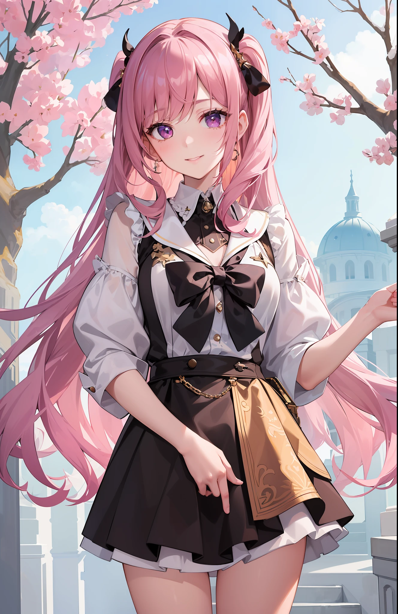 "An exquisite masterpiece with the best quality, showcasing ultra-detailed illustration. A captivating 1girl is featured, ((looking at viewer)), with a closeup shot that highlights her beautiful smile. The scene takes place outdoors, with the girl having short beige color hair and mesmerizing pink-purpley eyes, school uniform