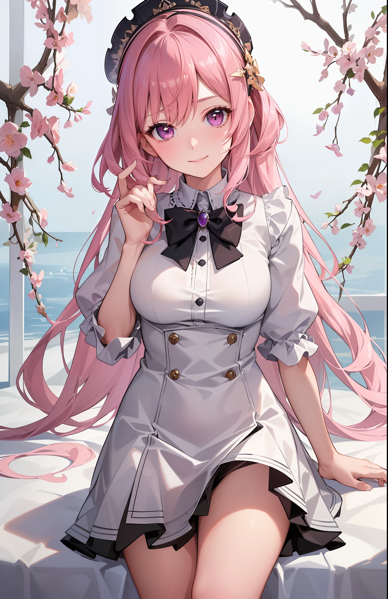 "An exquisite masterpiece with the best quality, showcasing ultra-detailed illustration. A captivating 1girl is featured, ((looking at viewer)), with a closeup shot that highlights her beautiful smile. The scene takes place outdoors, with the girl having short beige color hair and mesmerizing pink-purpley eyes, school uniform