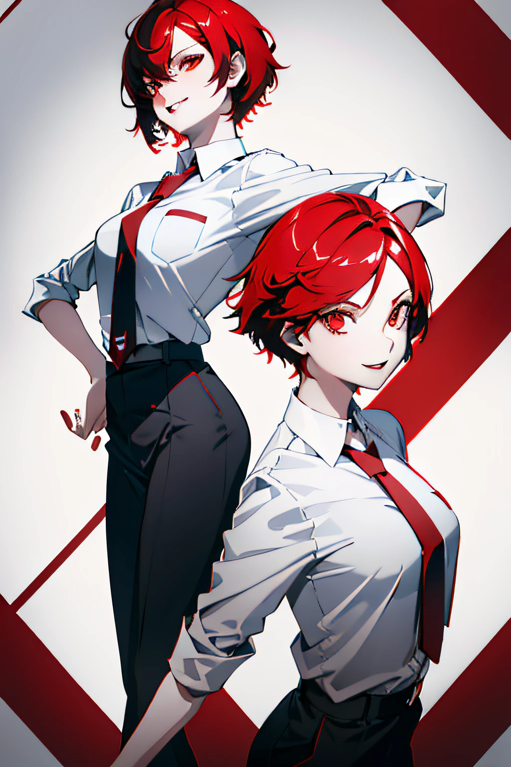 1girl with short red hair, red eyes, red lips and a tomboyish appearance, wearing a white shirt with a black blueish tie, paired with back bluish long pants. She has red devil horns and a crazy mad smile on her face, wielding an axe as her weapon.