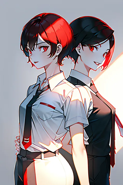 1girl with short red hair, red eyes, red lips and a tomboyish appearance, wearing a white shirt with a black blueish tie, paired...