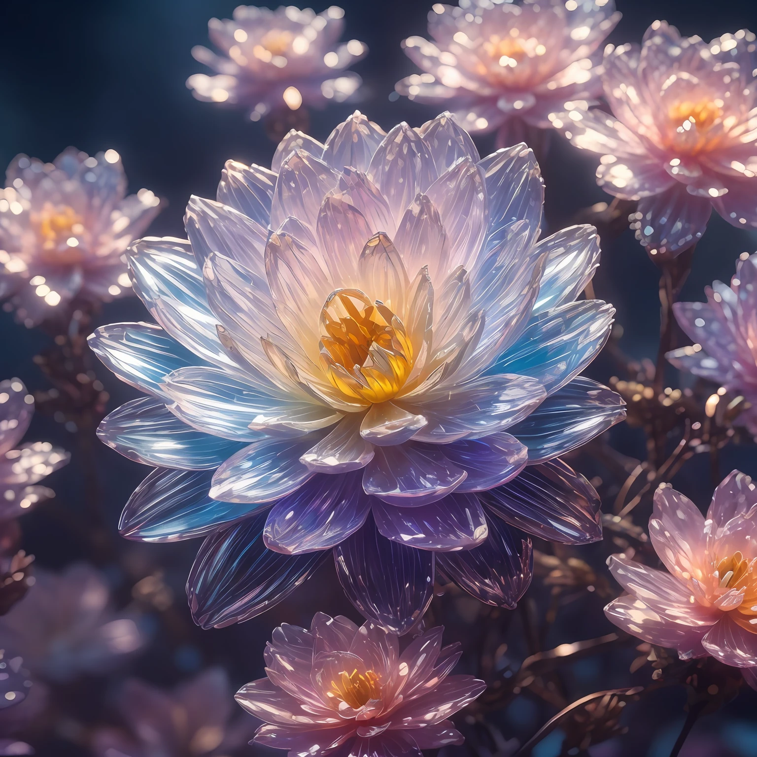 crystal blossom flower,
fantasy, galaxy, transparent, 
shimmering, sparkling, splendid, colorful, 
magical photography, dramatic lighting, photo realism, ultra-detailed, 4k, Depth of field, High-resolution