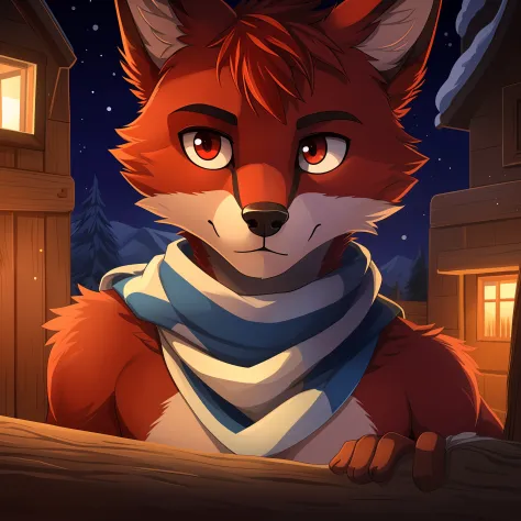solo,1boy,anthro,furry_male,fox_boy,(red_fur:1.3),(detailed_fluffy_fur),(intricate_detail_fluffy_fur),tuft,(body_fur:1.2),oil_skin,(skin_with_fluffy_fur),tail,short_hair,red_eyes,shorts,scarf,upper_body_close-up,cowbow_shot,half-closed_eyes,expressionless,...