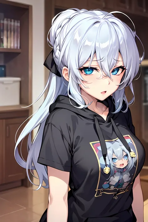 Silver hair and  eyes in a black hoodie, anime visual of a cute girl, screenshot from the anime film, & her expression is solemn...
