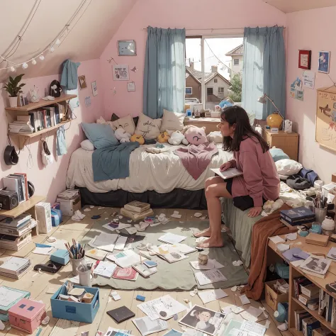 there is a drawing of a woman sitting in a messy room, in a bedroom, messy room, in a room, inside a messy room, in my bedroom, in her room, in an attic, chaotic teenage bedroom, sitting in her room, messy bedroom, cluttered room, ghostly teenager bedroom,...