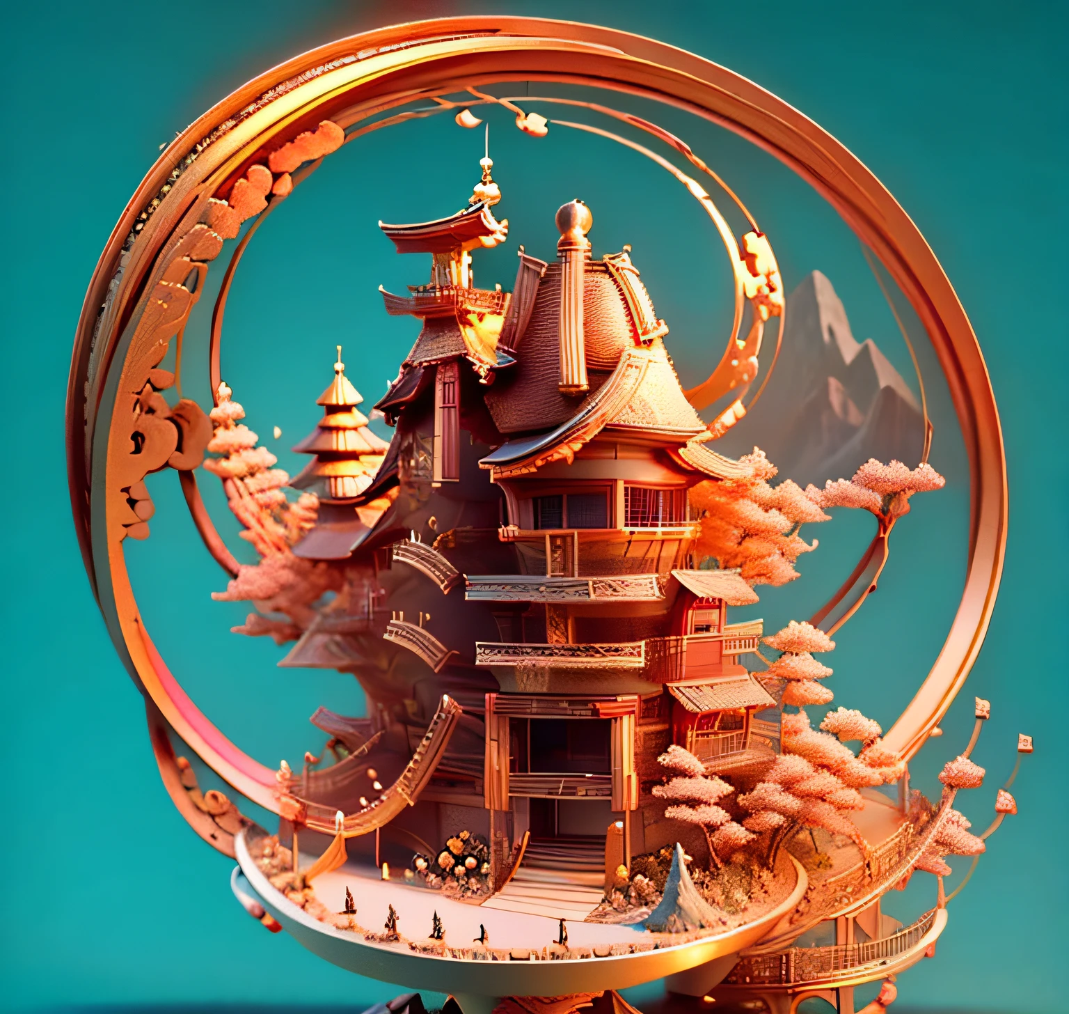 samurais，swell sea，Mountains，Pavilions，a warm color palette，3D