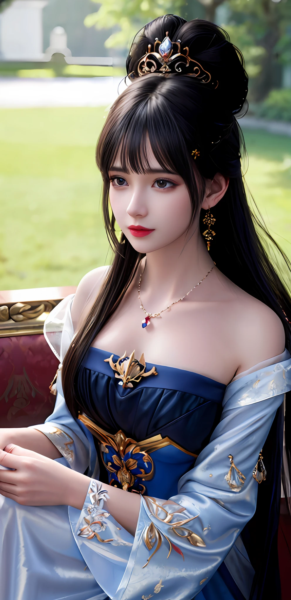 (realisticity: 1.2), best quality, 8K UHD, masterpiece, highres,cg,
1girl, queen, sword, sitting on a royal throne details, luxurious royal palace background, beautiful and detailed, super detailed long hair, wearing a beautiful and luxurious crown with diamonds and super detailed,

dress details,
 solo, jewelry, super detailed red and blue dress,

, earrings, super detailed hairdo, splashing, the upper body is very super detailed, super detailed hair bun, super detailed black hair,
lighting,candid,Photograph,high resolution,4k,8k,Bokeh,