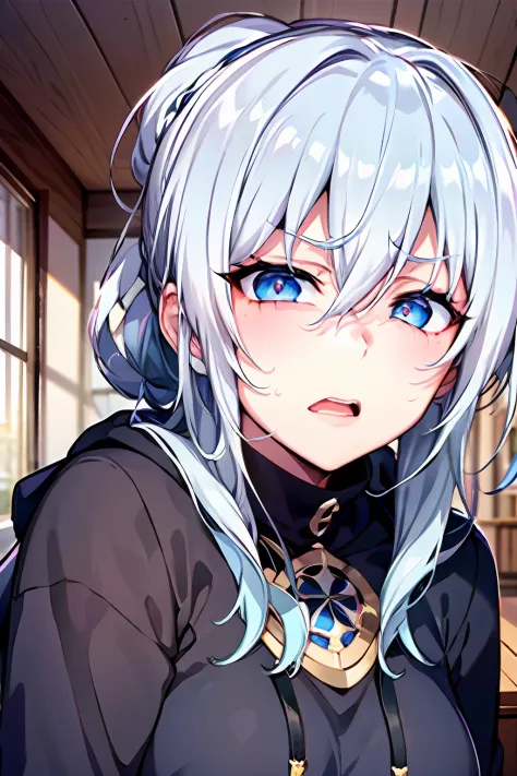 yukino, silver hair and  eyes in a black hoodie, anime visual of a cute girl, screenshot from the anime film, & her expression i...