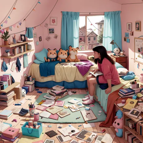 there is a woman sitting on a bed in a room with lots of books, messy room, chaotic teenage bedroom, photorealistic room, girl's...