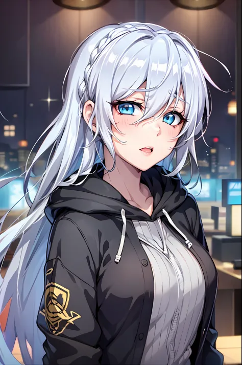 Yukino, Silver hair and  eyes in a black hoodie, anime visual of a cute girl, screenshot from the anime film, & her expression i...