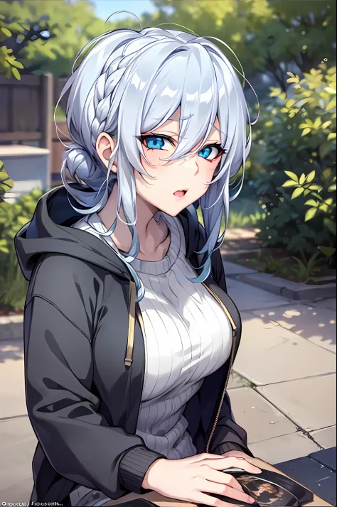 Silver hair and  eyes in a black hoodie, anime visual of a cute girl, screenshot from the anime film, & her expression is solemn...