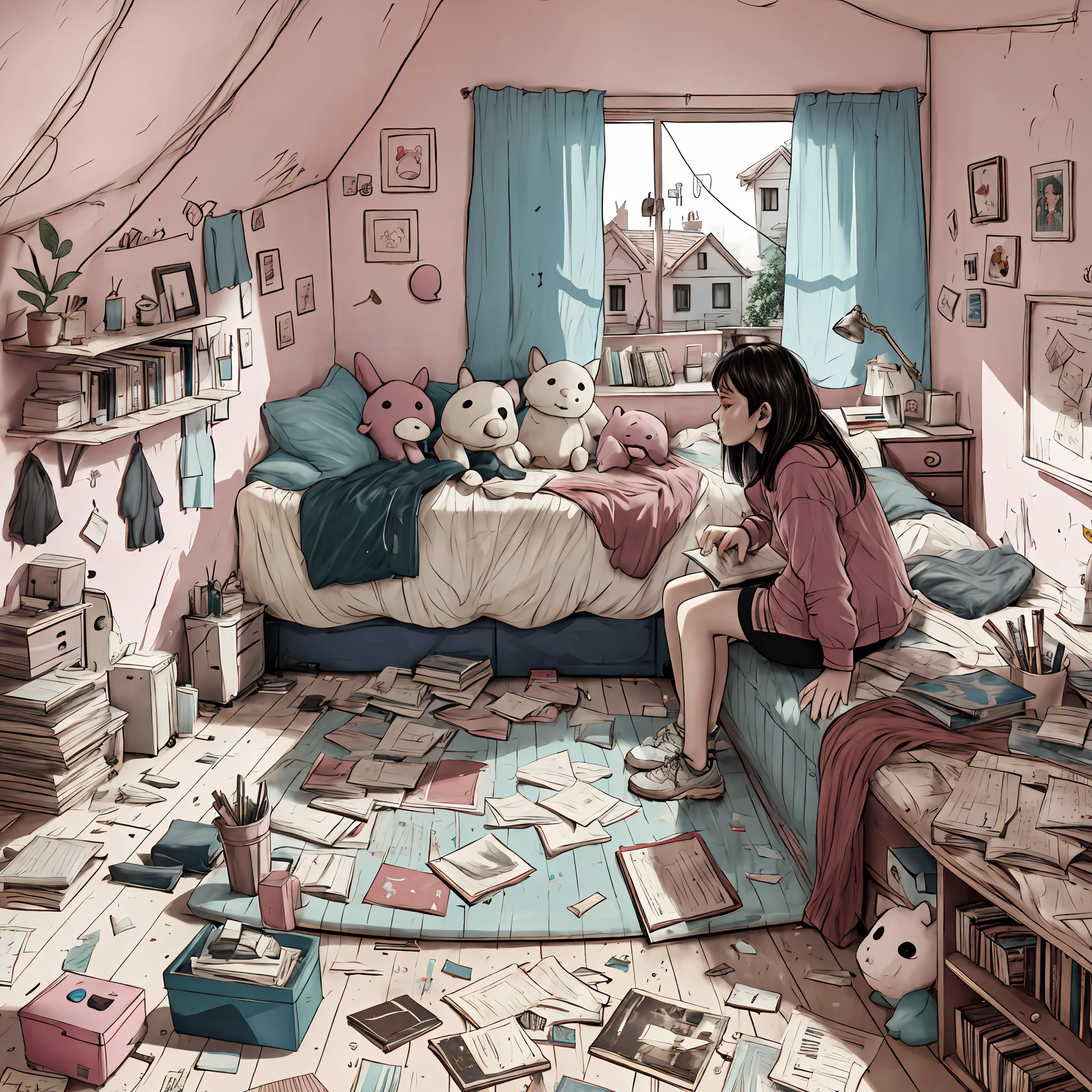 In einem Zimmer mit vielen Büchern sitzt eine Frau auf einem Bett, unordentliches Zimmer, chaotisches teenager-schlafzimmer, fotorealistischer Raum, Mädchenzimmer, in ihrem Zimmer, beeple. hyperRealismus, unordentliches Schlafzimmer, inside a unordentliches Zimmer, 3D-Rendering von Beeple, Überfülltes Zimmer, süßes Zimmer, Realismus | beeple,