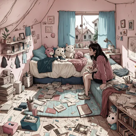 there is a woman sitting on a bed in a room with lots of books, messy room, chaotic teenage bedroom, photorealistic room, girl's...