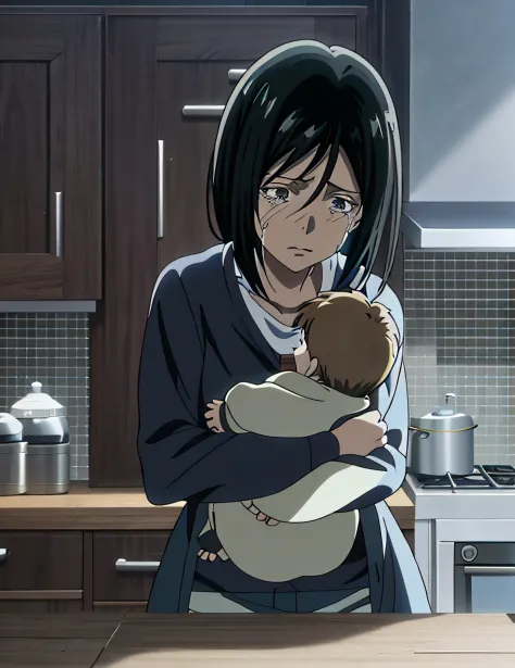 Anime image of a woman holding a baby in the kitchen,  still from tv anime, cel shaded anime, screenshot from the anime film, in...