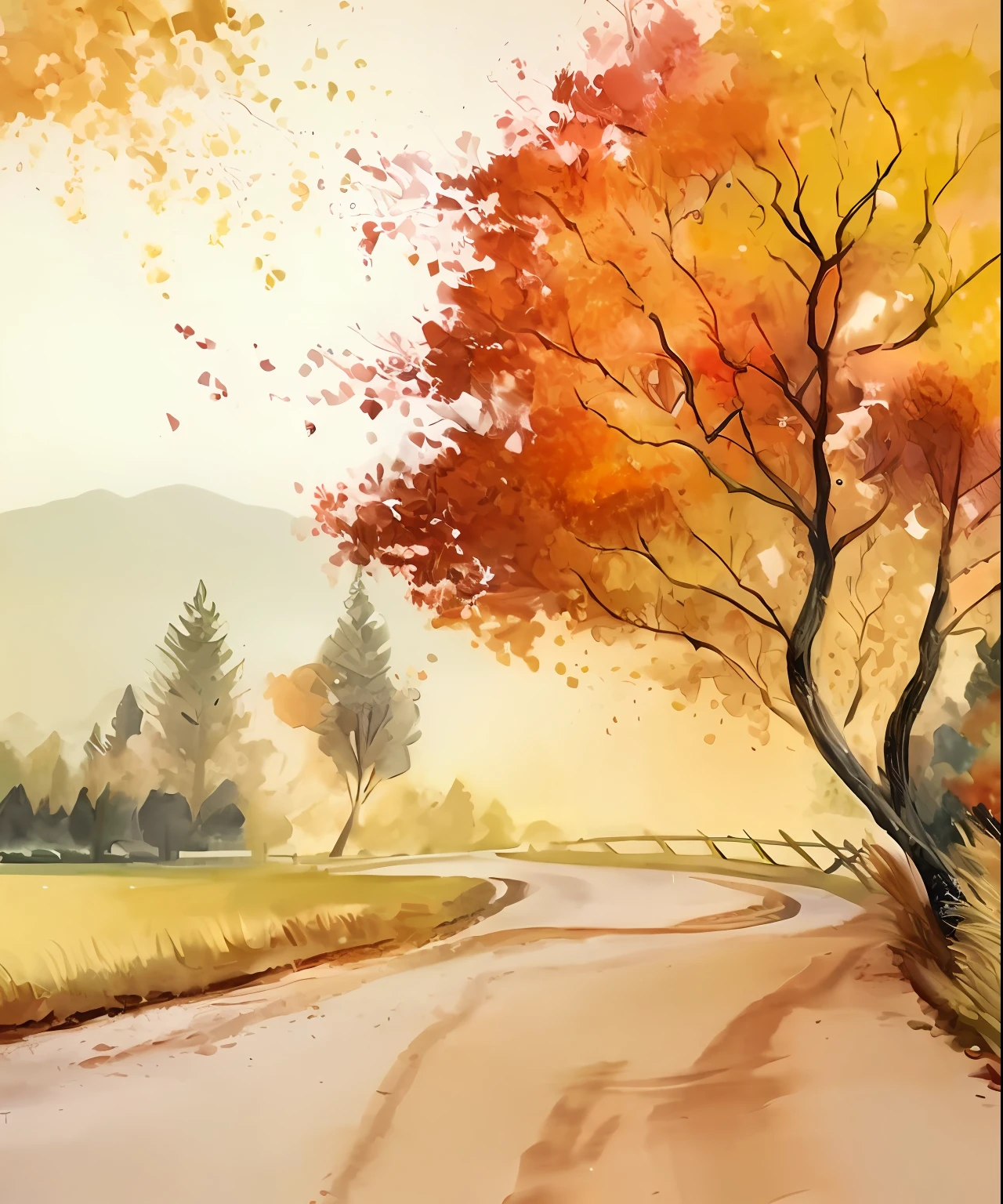 Gemälde einer Landstraße mit einem Baum und einem Zaun, Landschaft Kunstwerk, Herbstsaison, Landschaftskunst, Naturmalerei, hintergrundbild, gemalte Landschaft, Herbstsaison, digitale Aquarellmalerei, wunderschöne Kunst, Aquarellmalerei-Stil, Landschaftsmalerei, Landschaft Kunst detailliert, inspirierende Kunst, digitale Aquarellmalerei, 3 d virtual Landschaftsmalerei, künstlerische Landschaft, digital Landschaftskunst, digitale Kunst Malerei