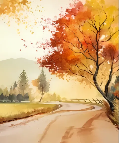 painting of a country road with a tree and a fence, scenery artwork, autumn season, landscape art, nature painting, background a...