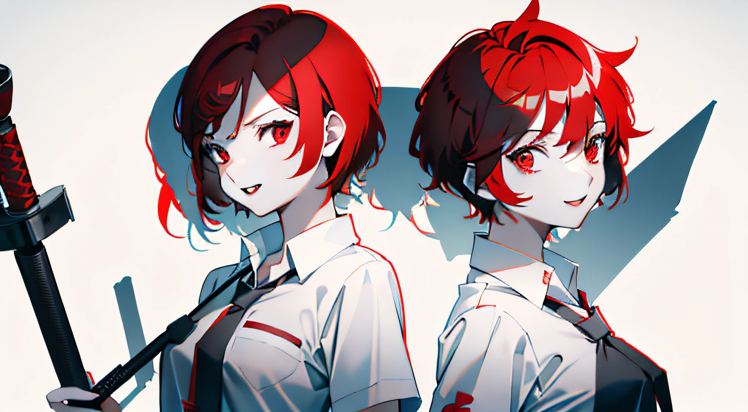 1girl with short red hair, red eyes, red lips and a tomboyish appearance, wearing a white shirt with a black blueish tie, paired with back bluish long pants. She has red devil horns and a crazy mad smile on her face, wielding an axe as her weapon.
