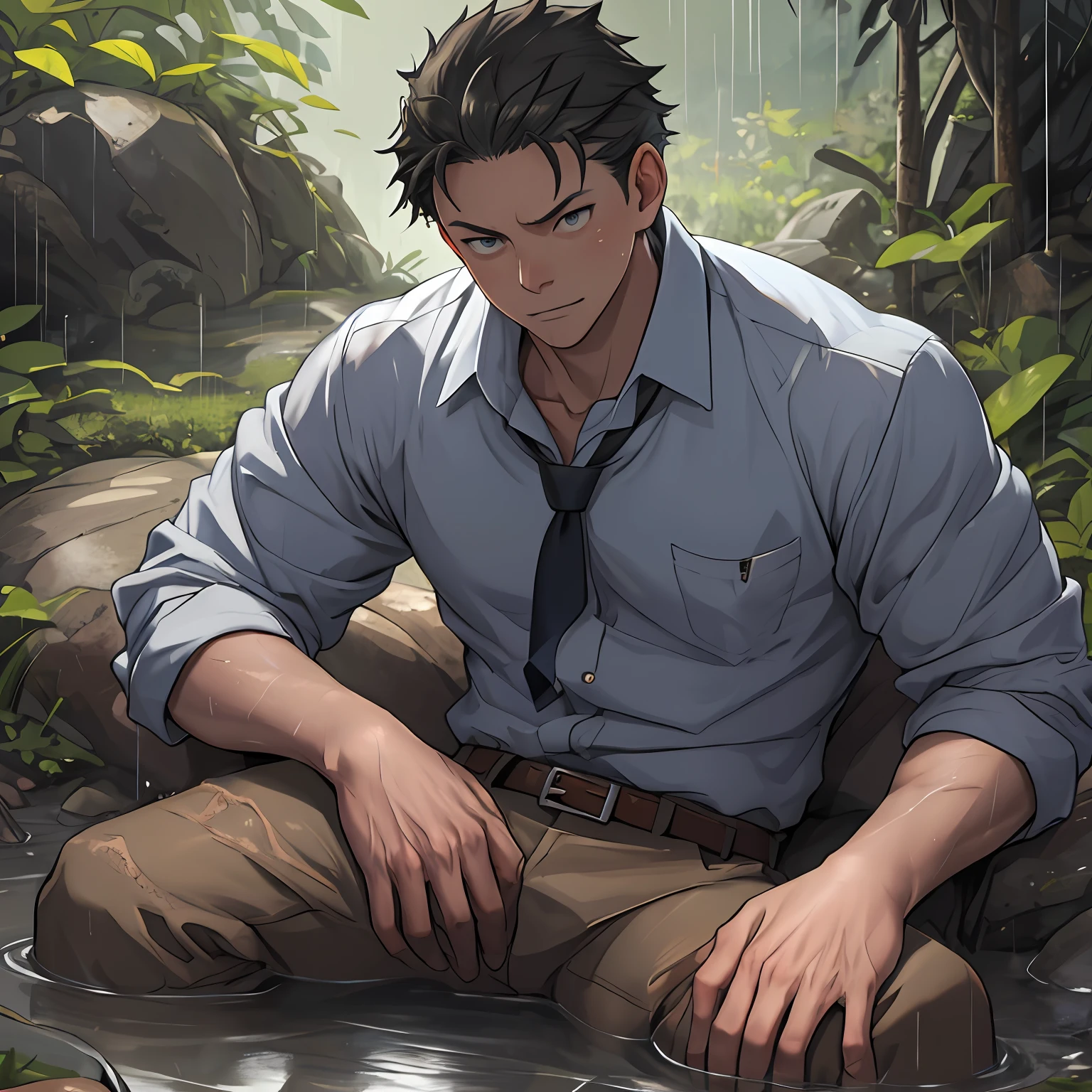 （1 Adult male），A high resolution， Sharp focus， Pixiv masterpiece， （（Complicated details））， highly  detailed， natsuki_subaru， 1 man，Lying in the mud， Lazy，full bodyesbian， blue color eyes（eyes glowing）， Short yellow hair，white  shirt，Wear a tie，Wear a belt，perspire，rain，Drenched，Sweaty crotch，look from down