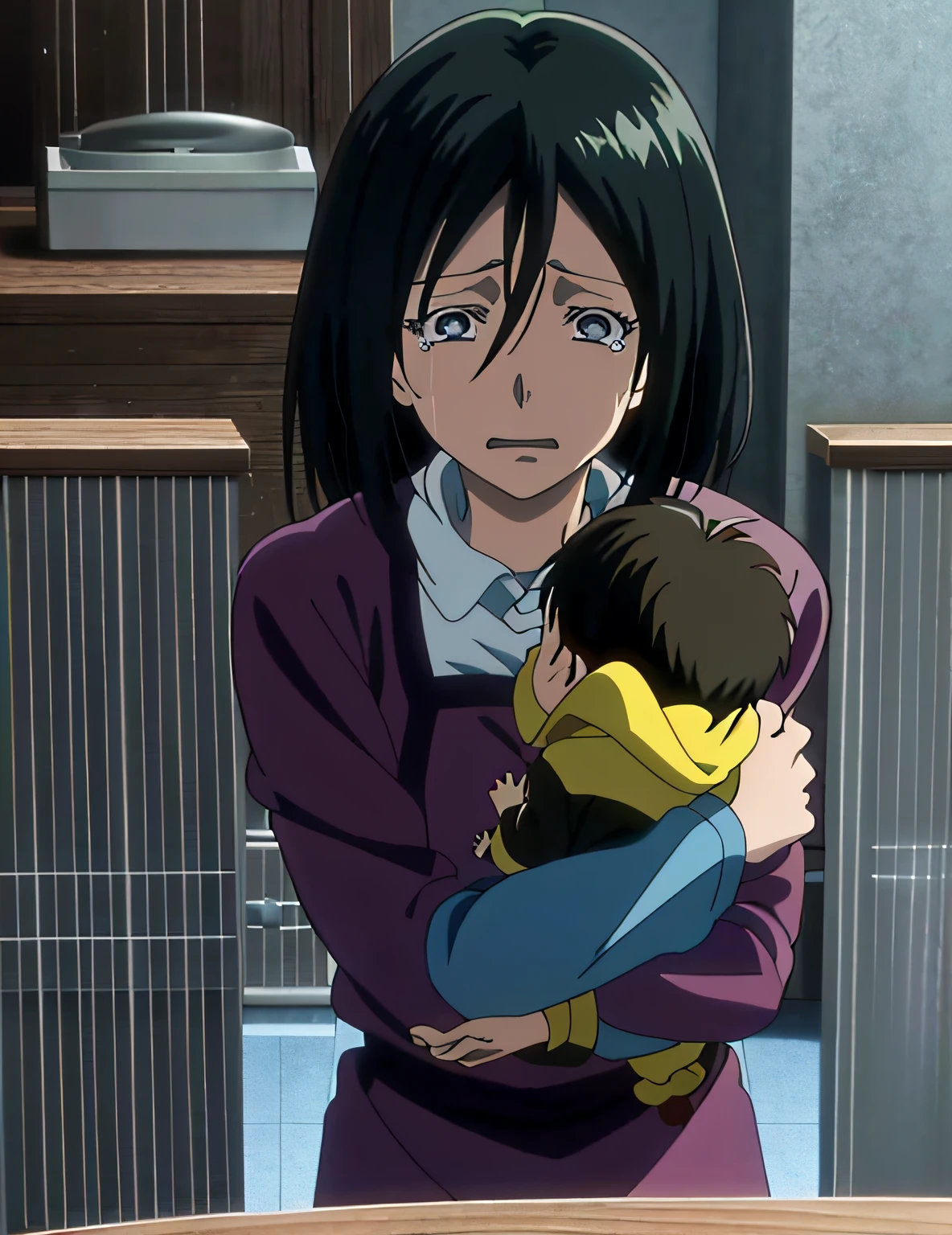 Anime image of a woman holding a baby in the kitchen,  still from tv anime, cel shaded anime, screenshot from the anime film, in the anime film, Today's featured anime stills, anime still frame, official anime still，The expression of the woman is crying and sadness，Anime cartoons