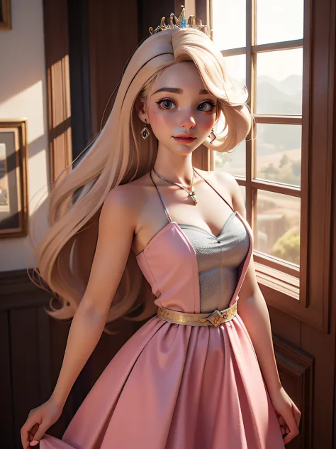 dynamic lighting, 3D model art, A Barbie princess wearing a lovely pink dress, bright,Natural Lighting,morning light，((barbie in...
