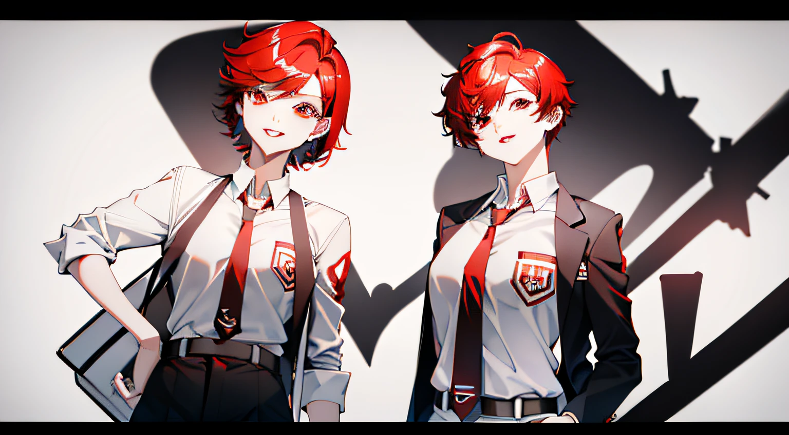 1girl with short red hair, red eyes, red lips and a tomboyish appearance, wearing a white shirt with a black blueish tie, black and red jacket, paired with back bluish long pants. She has red devil horns and a crazy mad smile on her face