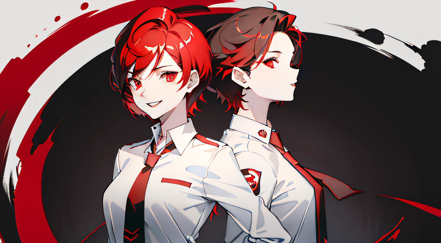 1girl with short red hair, red eyes, red lips and a tomboyish appearance, wearing a white shirt with a black blueish tie, black and red jacket, paired with back bluish long pants. She has red devil horns and a crazy mad smile on her face