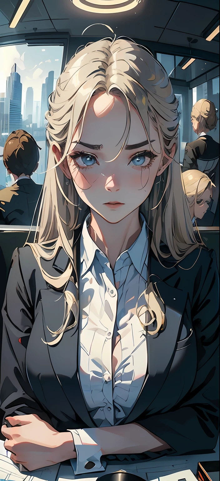 portrait of a office lady in a strict suit, office workers, business woman. (face: double eyelids, thick lips, blushing), (expression: disgusted="half closed eyes"), "(hair: twintail long blonde hait)", (pose: raising both arms and straddle legs) (masterpiece:1.2, best quality, digital art, hyperrealistic details, detailed digital art, realistic texture, detailed CG, extremely high detail, digital illustration, fisheye mezmerizing views)