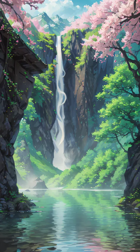 Hot springs, water vapor, waterfalls, ancient Chinese times, spring, jungle, lake, cave, tree, meadow, (illustration: 1.0), epic composition, realistic lighting, HD details, masterpiece, best quality, (very detailed CG unified 8k wallpaper)