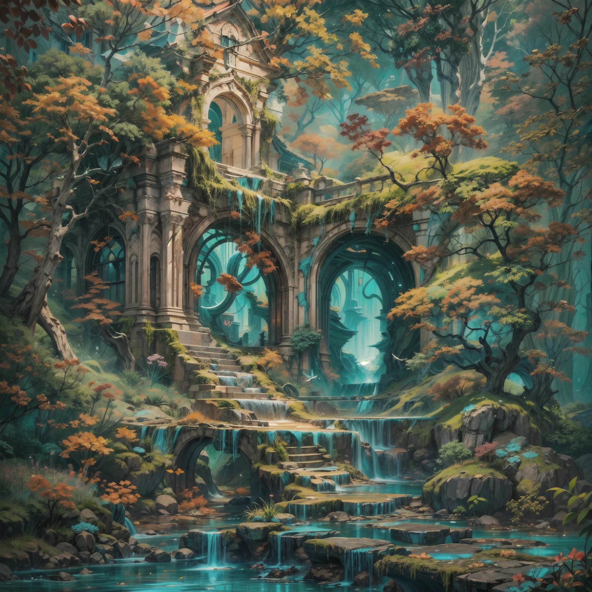 A mystical isle, surrounded by turquoise waters, ancient structures adorned with vibrant moss and flowers, shimmering and glowing in the sunlight as if alive. BREAK ultrafine hyperdetailed artwork, stylized and well-balanced, aesthetic beauty, captivating, attention-grabbing, cerebral, abstract, illusionism, vibrant, vivid, visually appealing, matte, [glitch art], understated, auto-destructive, regenerative art, beautifully colored, captivating, dynamic, depth and energy.