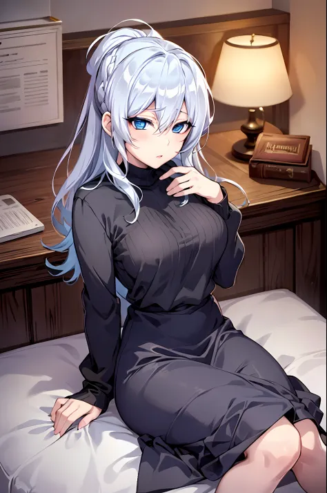 Yukino, sitting on a bed with her legs crossed, seductive anime girl, silver hair and blue eyes, attractive anime girl, cute ani...