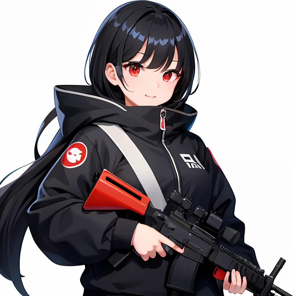 a 1girl, 独奏, (twitch emoji:1), chibi, black  hair, red-eyes, in the hands of Ak-47, ssmile, upper-body, animated film, whitebackground, sticker of a, thick black outlines,