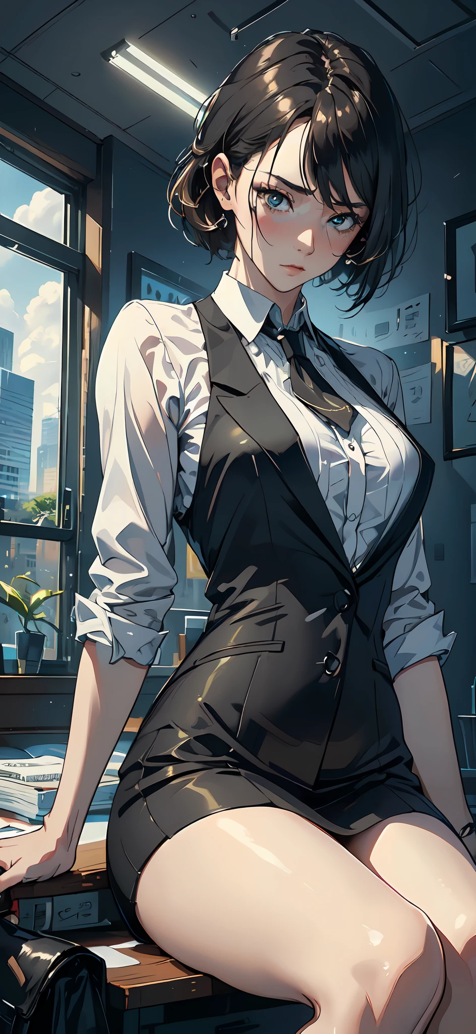 portrait of a office lady in a strict suit, office workers, business woman. (face: double eyelids, thick lips, blushing), (expression: disgusted="half closed eyes"), "(hair: redhaid short hair)", (pose: raising both arms and straddle legs) (masterpiece:1.2, best quality, digital art, hyperrealistic details, detailed digital art, realistic texture, detailed CG, extremely high detail, digital illustration, fisheye mezmerizing views)
