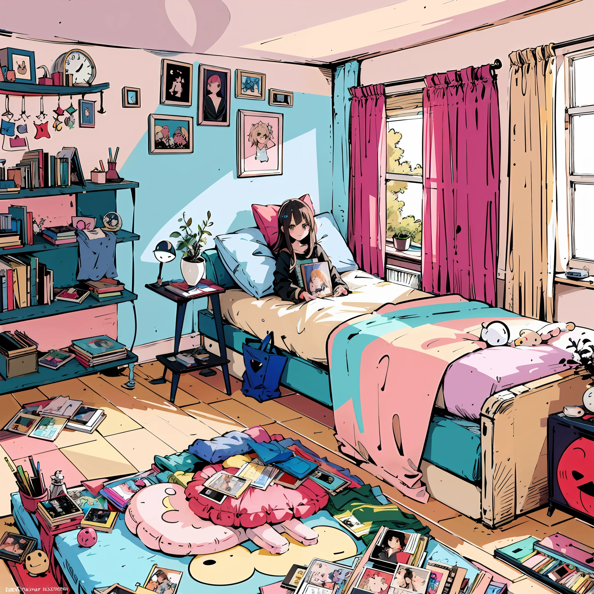 there is a drawing of a woman sitting in a messy room, in a bedroom, messy room, in a room, inside a messy room, in my bedroom, in her room, in an attic, chaotic teenage bedroom, sitting in her room, messy bedroom, cluttered room, ghostly teenager bedroom, in small room, dirty room, cluttered, a room