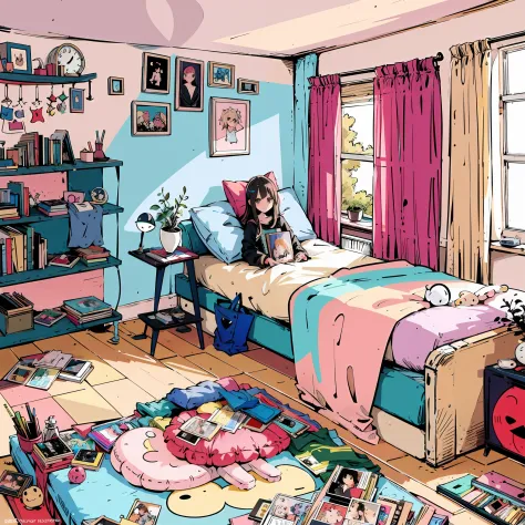 there is a drawing of a woman sitting in a messy room, in a bedroom, messy room, in a room, inside a messy room, in my bedroom, ...