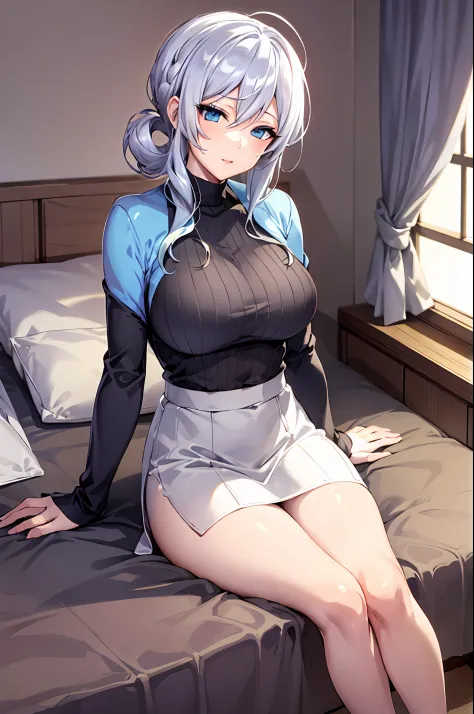 Yukino, sitting on a bed with her legs crossed, seductive anime girl, silver hair and blue eyes, attractive anime girl, cute ani...