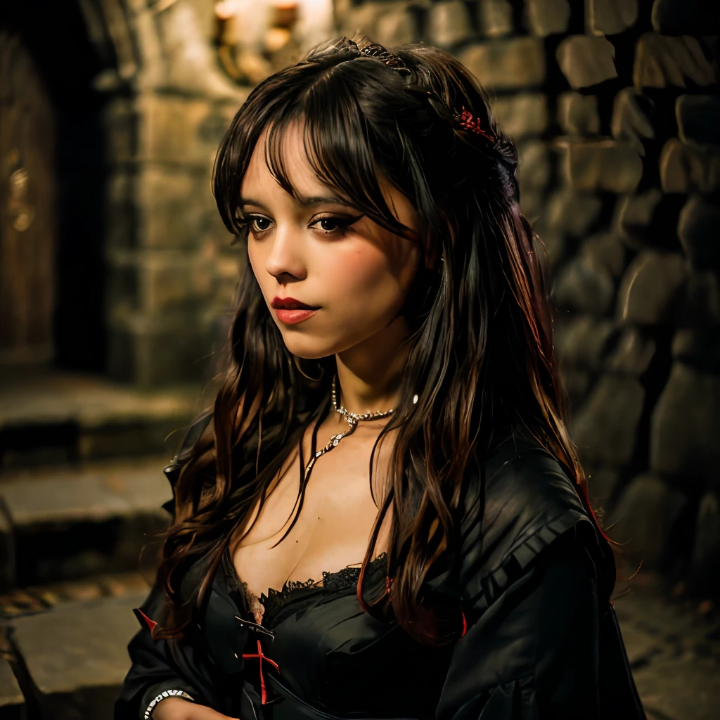 RAW photo, a portrait photo of JennaO woman, one of Dracula's vampire brides, nighttime, inside Castle Dracula at night, midnight light, (high detailed skin:1.2), 8k uhd, dslr, soft lighting, high quality, film grain, Fujifilm XT3