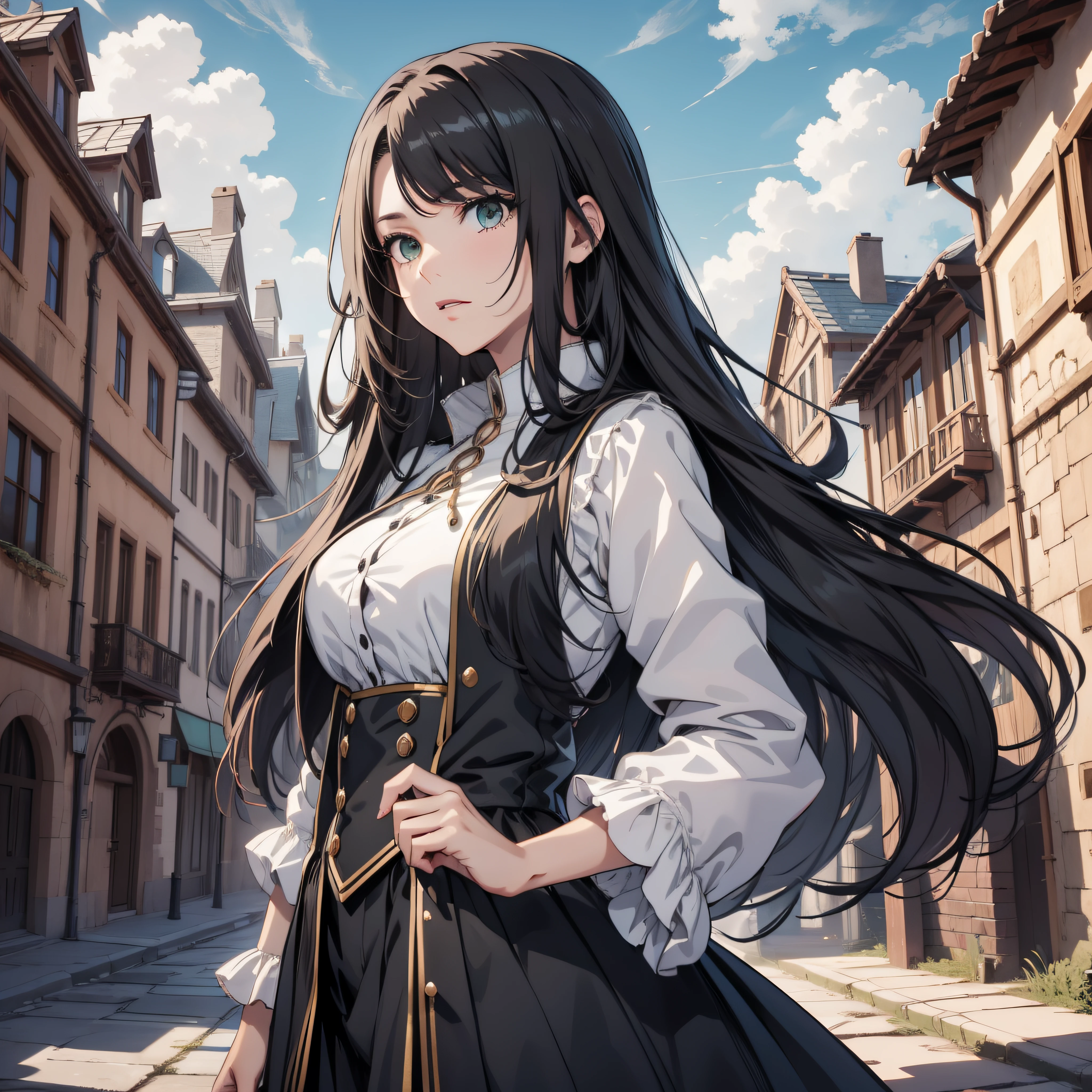 (best quality, masterpiece, ultra-detailed, extremely detailed, highres), (1girl, single, solo),  Anime girl, long raven hair, slightly wavy hair, parted bangs, cleavages, Magus, green eyes, long black coat, white shirt, black skirt, aristocrat, noble attire, beautiful, ethereal, elegant, prestigious, classic, royal building