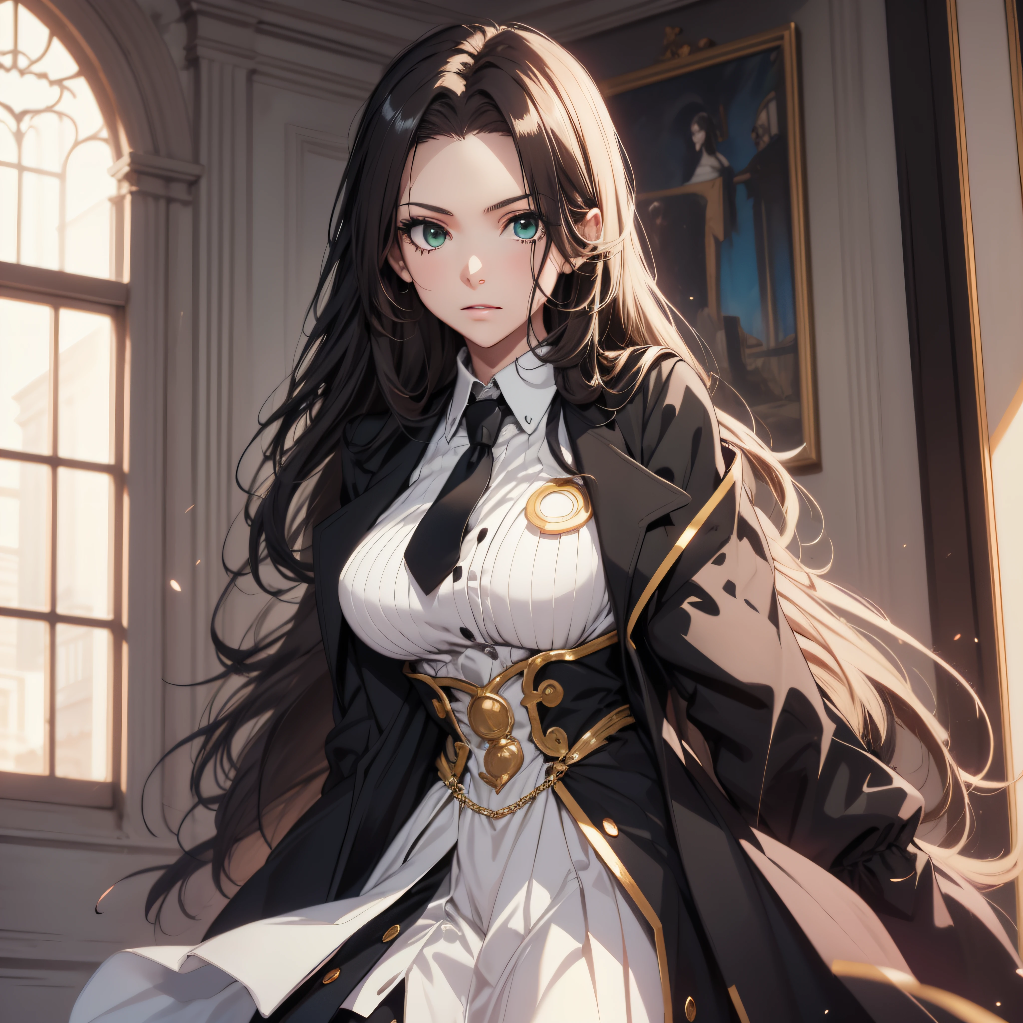 (best quality, masterpiece, ultra-detailed, extremely detailed, highres), (1girl, single, solo),  Anime girl, long raven hair, slightly wavy hair, parted bangs, cleavages, Magus, green eyes, long black coat, necktie, white shirt, black skirt, aristocrat, noble attire, beautiful, ethereal, elegant, prestigious, classic, royal building